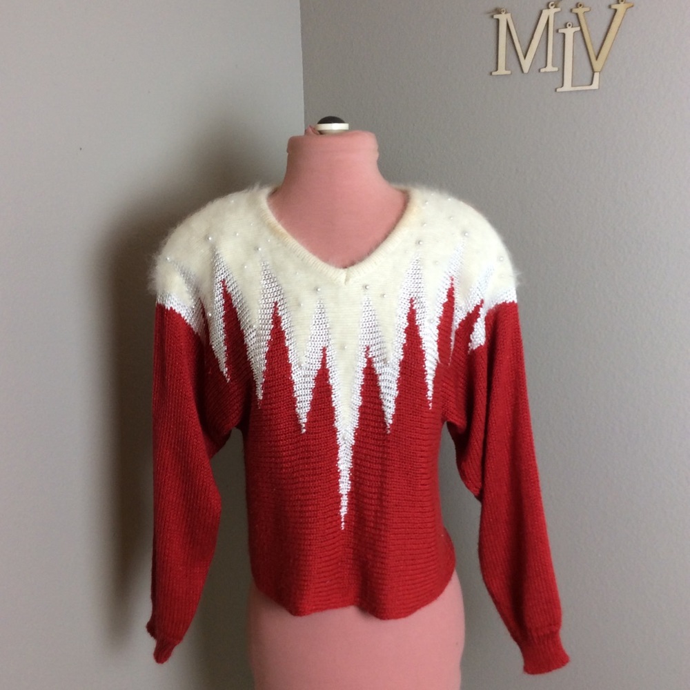 fuzzy angora pin up sweater vintage 80s pearls dolman sleeves  flame stitch S